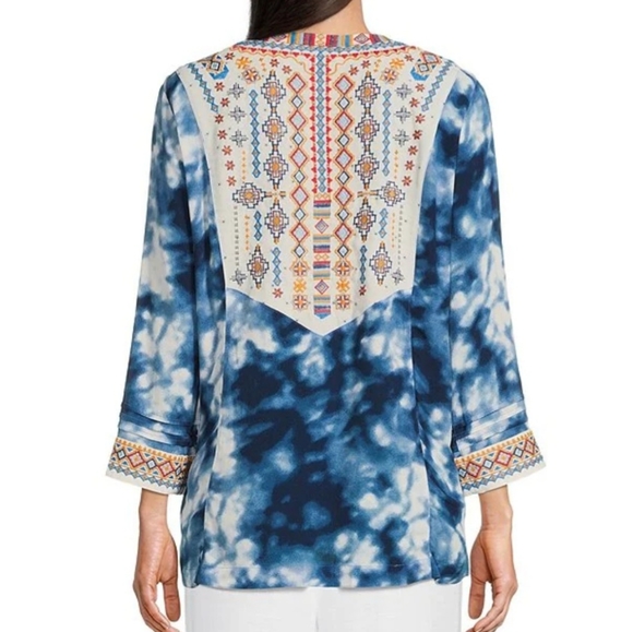 John Mark Embroidered Tie Dye Print V-Neck 3/4 Sleeve High-Low Blouse - Picture 2 of 9